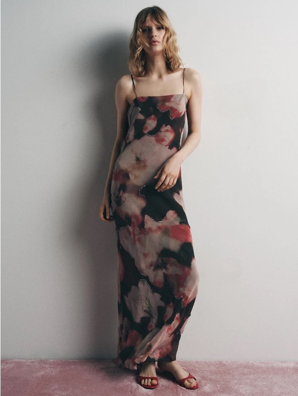 Zara Zara Beaded Floral Print Maxi Slip Dress Sz L NWT
